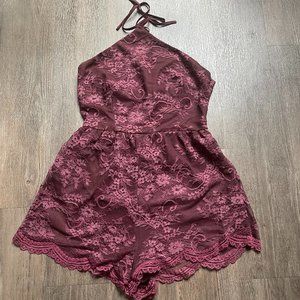 FLOWERY LACE BURGENDY ROMPER DRESS